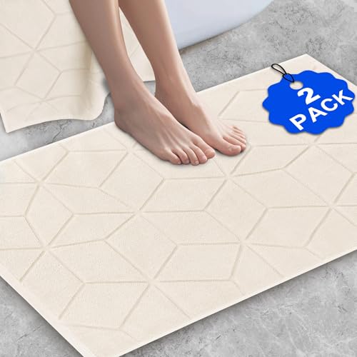 Cream Thick Bath Mats Set [Not Bathroom Rug] - 2 PACK |100%Cotton| 19'x30' | 1100GSM | Washable & Absorbent, Soft Floor Towel - Beige Terry Cloth Bath Mat, Cream Foot Towels for Bathroom