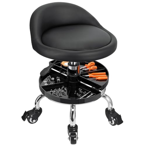 JOSTZHXIN Garage Mechanic Stool Chair Rolling Shop Chair, Height Adjustable Garage Shop Seat, Low Stools with Storage Tray, Rolling Stool for Salon SPA Tattoo (Style 2)