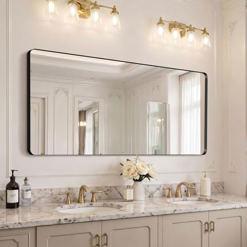Image of Kosmonia 60x28 inch Black Bathroom Mirror Metal Framed Rounded Rectangle | Oversized Wall Mounted Mirror, Anti-Rust, HD Reflection, Tempered Glass, Hangs Horizontally or Vertically