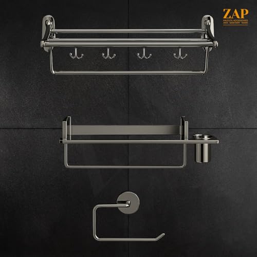 Image of ZAP Stainless Steel Deluxe Bathroom Combo of 3 Set Folding Towel Rack / 3 in1 Multi Bathroom Shelf /Napkin Ring