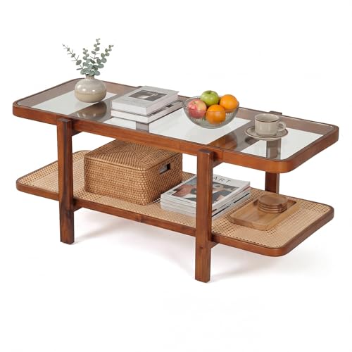 Image of COSTWAY 2-Tier Coffee Table, Tempered Glass Cocktail Center Table with Rattan Storage Shelf, Acacia Wood Frame Accent Sofa Side Tea Tables for Living Room and Office (Rectangle, 120x56x50cm, Walnut)