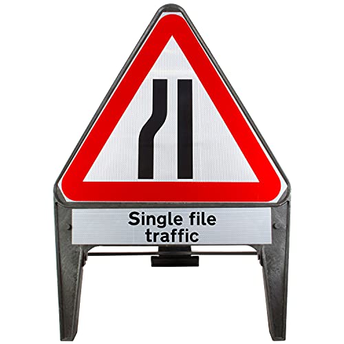 Road Narrows Left With Single File Traffic Supplementary Provision 750mm Triangle Road Sign 517- Plastic Temporary Road Street Traffic Safety Sign