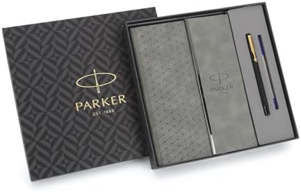 Parker Gift Set | Vector Matte Black Gold Trim Roller Ball Pen Grey Flip PU Notebook | 1 Pen + 1 Note Book| Ink Color - Blue