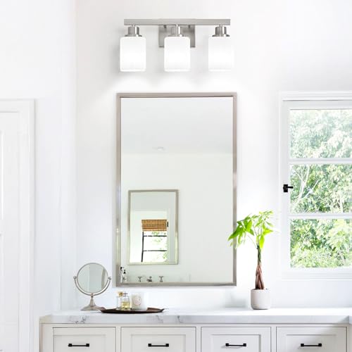 DIKAIDA 3-Light Bathroom Vanity Light,Brushed Nickel Vanity Lights with Square Frosted Glass,Modern Bathroom Wall Lights Fixtures Over Mirror,Wall Sconces Lighting for Bedroom Living Room,E26 by DIKAIDA - Used condition - Image 8