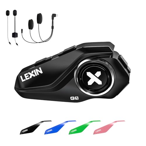 LEXIN G1 Motorcycle Bluetooth Headset, Helmet Speakers with 2 Type Mics, Hands-Free Call/Music/GPS, IP67 Waterproof Motorcycle Headphones with HD Stereo Loud Sound, 4 Color Faceplates, Singe Use
