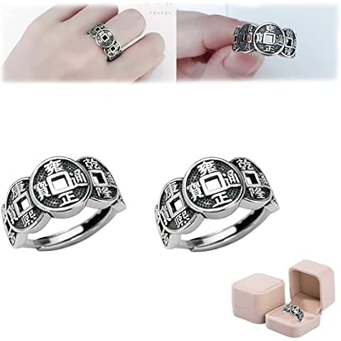 2Pcs Five Emperor Coin Auspicious Ring, S925 Sterling Silver Chinese Style Five Emperors Copper Coin Coin Lucky Ring Open Ring for Men and Wome (B) Cover