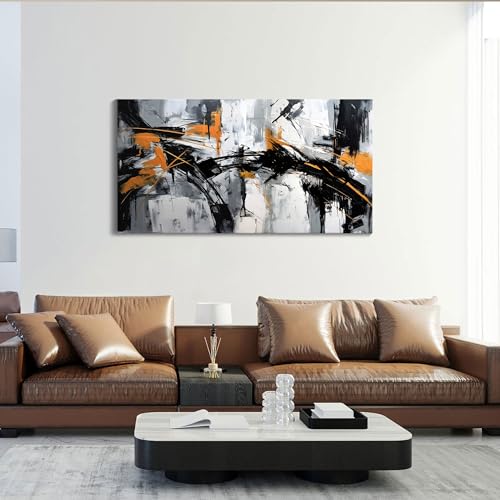 Image of Black Abstract Canvas Wall Art Elegant and Modern Orange Wall Art for Living Room - Canvas Wall Decor for Office and Home - Large Framed Artwork for Walls , White, Gray and Unique Orange Accents 48x24in