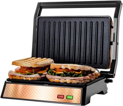 OVENTE Electric Panini Press Sandwich Maker with Non-Stick Coated Plates, Opens 180 Degrees to Fit Any Type or Size of Food, 1000W Indoor Grill Perfect for Quesadillas, Burgers & More, Copper GP0620CO by OVENTE - Used condition - US$25.43