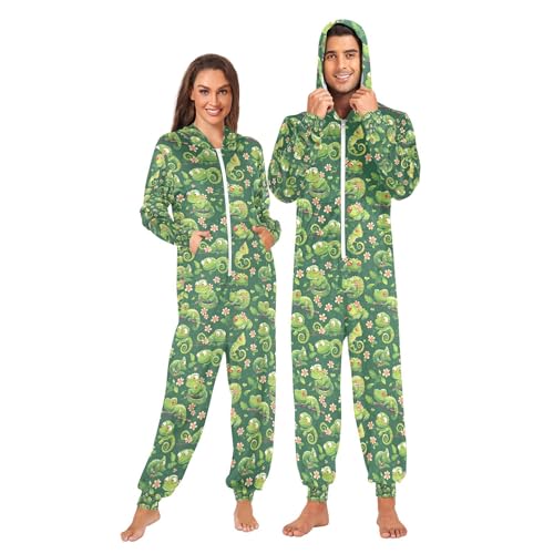 Pijama para mujer con capucha, mono de dibujos animados camaleón con ropa de dormir floral, Camaleón de dibujos animados con flores, XS