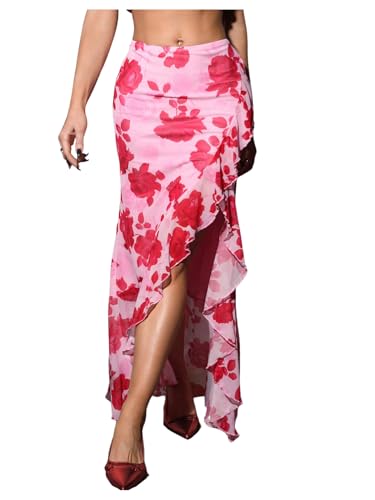 Verdusa Women's Floral Ruffle Maxi Skirt Thigh Slit Bodycon Vacation Summer Skirts