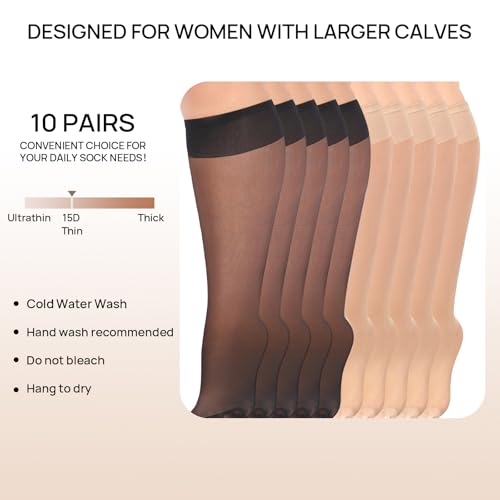MANZI 10 Pairs Plus Size Knee High Stockings for Women 15D Sheer Nylons Socks with Wide Calf2