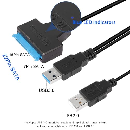 Image of USB 3.0 to SATA III Hard Drive Adapter Cable for 2.5 /3.5 Inch HDD SSD and DVD - 22 Pin (7+15) Converter With Dual USB 3.0 and 2.0 Power Cable