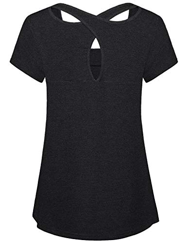 Kimmery Woman Short Sleeve Round Neck Criss Cross Back Yoga Shirt2