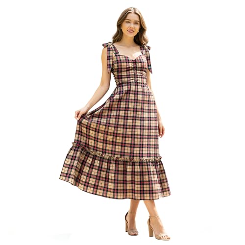 Edhomenn Kariertes Midi-Kleid für Damen, ärmellos, quadratischer Ausschnitt, großer Swing-Kleid, Damen-Weihnachtsoutfits, 04 Khaki, XL