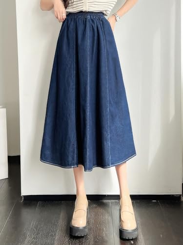 ebossy Womens Long Denim Skirt Casual High Waisted A-Line Flared Midi Jean Skirt with Pockets2