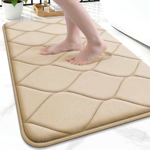 Image of Smiry Memory Foam Bath Mat 24x16, Ultra Soft Absorbent Bathroom Rugs | Beige, Plush Quick Dry and Machine Washable Cushion Bath Mats for Bathroom, Shower, Tub & Home Decor