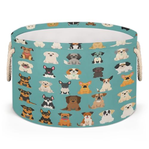 XZXFSYJH Large Round Storage Basket with Handle Dog Animal Cartoon Kids Toy Storage Bin Foldable Laundry Hamper Cube Clothes Blanket Organizer Box for Living Room Bedroom Laundry Room Storage Decor