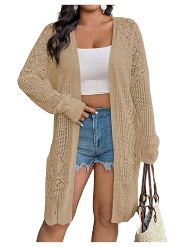 Verdusa Women's Plus Size Long Cardigan Sweater Open Front Hollow Out Knit Lightweight Outerwear Spring Fall Clothes