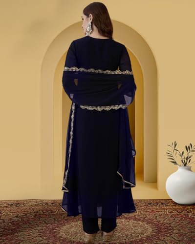 Image of Amazon Brand - Tavasya Women Poly Georgette Zari Sequence Embroidered Kurta with Pant and Dupatta | Salwar Suit | Kurta Set