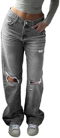 Ripped Jeans for Women Wide Leg Jeans Low Rise Trousers Baggy Trendy y2k Stretchy Light wash Hip hop Pant