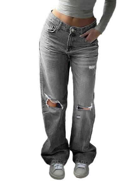 Ripped Jeans for Women Wide Leg Jeans Low Rise Trousers Baggy Trendy y2k Stretchy Light wash Hip hop Pant