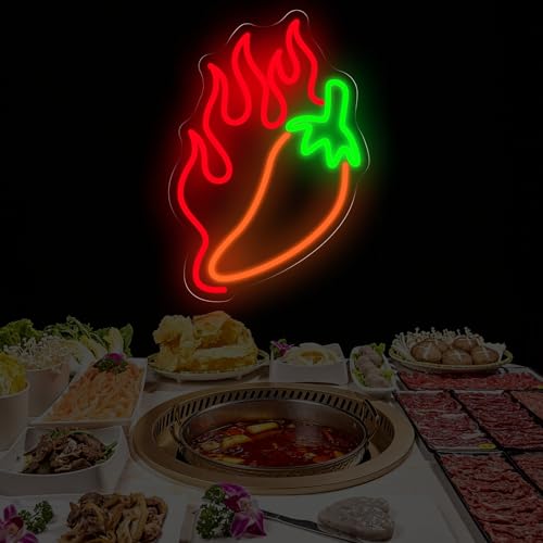 Image of Chili LED Neon Light Sign Spicy Food Restaurant Wall Art Decor, LED Wall Neon Sign Light For Beach Pub Fishing Club Sea Food Restaurant Shop Store Party Room Kitchen Decoration, 15.7 inchx10.8 inch