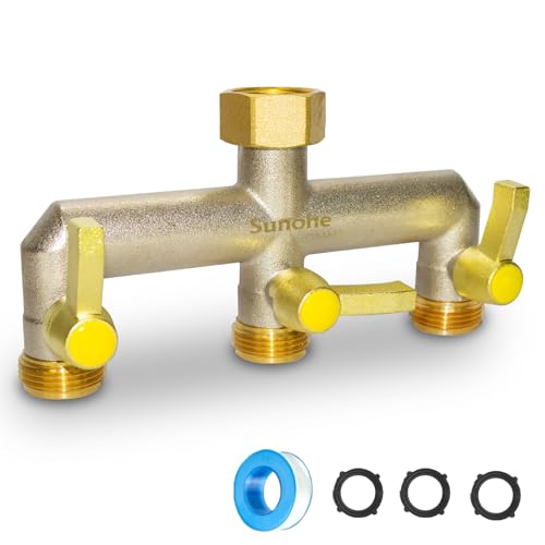 Garden Hose Splitter, Water Hose Splitter 3 Way Heavy Duty Brass Nickel Plated, Extended Metal Handle 3/4-Inch Hose Manifold, Rust and Freeze Resistant High Flow Outdoor Faucet Splitter