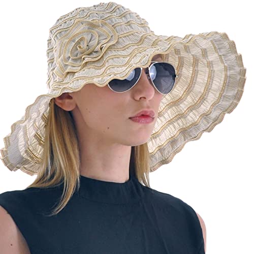 FORBUSITE Damen Sonnenhüte mit Breiter Krempe Strandmütze UPF 50+ und Leicht Beige Cover