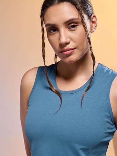 Image of TECHNOSPORT Women Solid Slim Fit Round Neck Tank Top with Cotflex for Gym, Sports and Regular Use