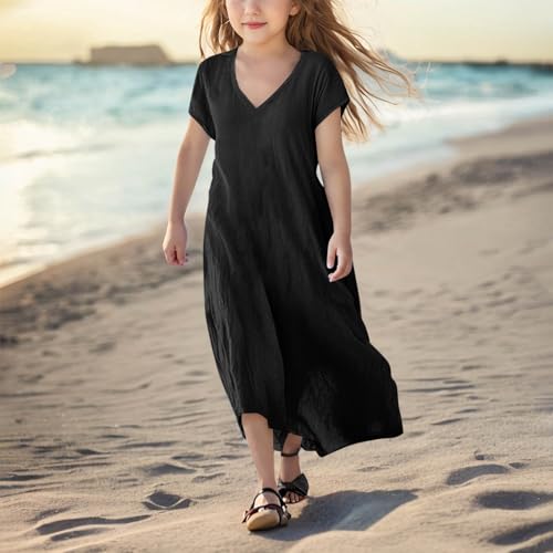 Girls Linen Dresses Short Sleeve V Neck Dress Travel Sundresses Vacation Trendy Maxi Dresses Boho Beach Clothes2