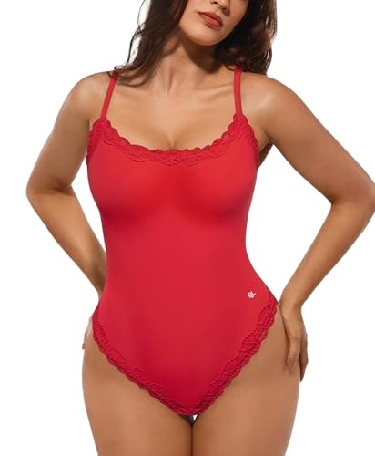 Image of Popilush Lace Body Suits Women - Square Neck Sleeveless Thong Bodysuit Tummy Conotrol Double Lined Camisole Tank Tops