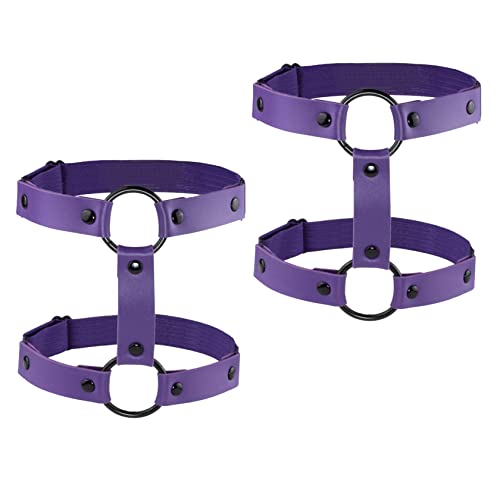 Jjdreams Punk Gothic Choker Neckalce Love Heart Ring Purple Pu Leather Collar And 2Pcs Gothic Double Row Punk Elastic Adjustable Leg Garter Belt Harness Set #TOP2