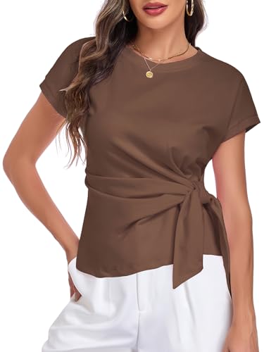 Image of HOTIAN Womens Cap Sleeve T Shirts 2026 Tie Waist Wrap Tops Crew Neck Blouses Casual Loose Work Business Dressy