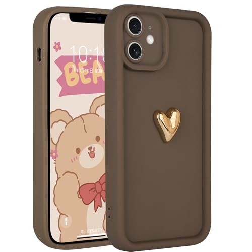 Coque iPhone 11 silicone antichoc avec cœur 3D doré marron pour femmes