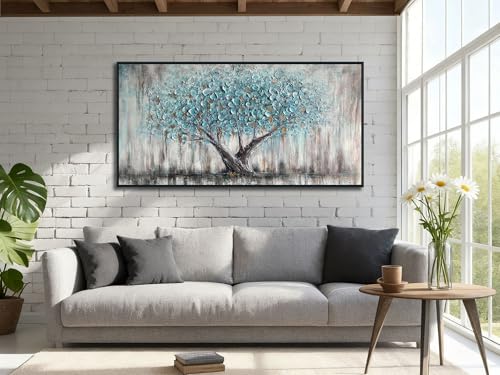 Image of Arjun Framed Blue Tree Canvas Wall Art for Living Room Tree of Life Abstract Bedroom Textured Painting, Nature Picture Landscape Artwork Home Office Decor, Black Wood Large 40 inchx20 inch