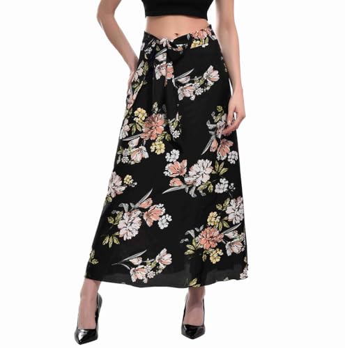 Image of Women's Floral & Animal Print Wrap Skirt - Midi Length A-Line Summer Skirt with Side Tie-Up, Tropical Cheetah Tiger Casual Beach Wear