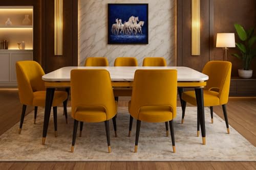 Image of WOODEN SPACE 6-Seater Wooden Dining Table Set | Nano Composite Marble Top | Solid Wood Base | Modern Dining Room Furniture with 6 Chairs (Yellow Vintage)