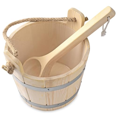 CurcKua Sauna Kit 9.9\'\' Plastic-Liner Preservative Wood Sauna Bucket with Ladle Reinforced Barrel Sauna with Thick Handle for Sauna Bathroom Wooden Bucket Sauna Kit Barrel Sauna