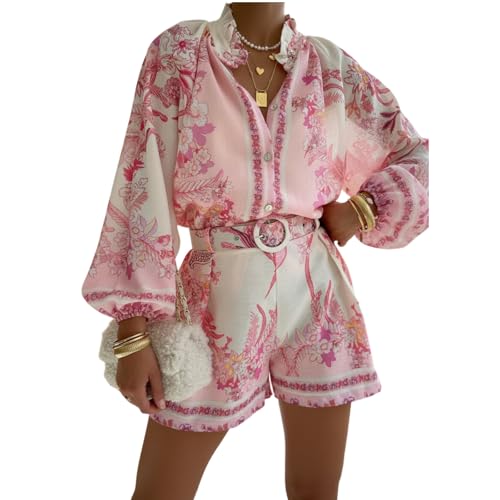 Akivide Women's 2 Piece Linen Blend Short Set Pink White