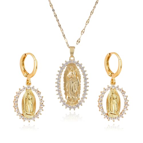 MALOYANVE Virgin Mary Earring Necklace Set for Women Elegant Gold-Plated Religious Jewelry Set with Sparkling Rhinestones Ideal for Daily Wear and Faith Confirmation Baptism First Communion Gifts