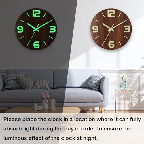 Image of HZDHCLH Wood Wall Clock Glow in The Dark,Luminous Wall Clocks with 3D Numbers,Decorative Wall Clock Battery Operated for Bedroom Kitchen Living Room Office (Brown)