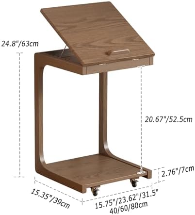 Adjustable C-Shaped Solid Wood TV Tray Table with Wheels, Removable Side End Table for Couch, Living Room & Bedroom, Walnut Finish, 31.5" L x 15.35" W x 24.8" H