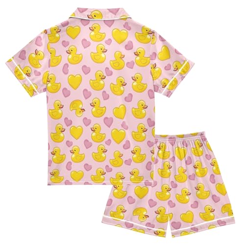 Cute Ducks with Yellow Hearts Summer Satin Pajama Set, Cute Button-Down Sleepwear Pj Set for Sleep Wears2