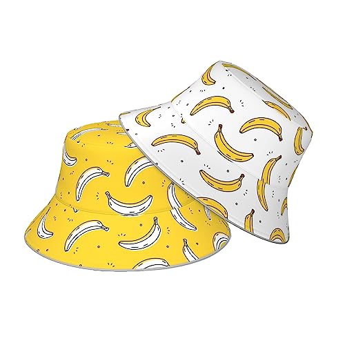 Bucket Hat Banana Yellow White Double-Side-Wear Reversible Sun Hat Beach Travel for Women Men