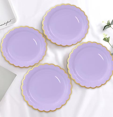Image of HEIPINIUYE 50 Pieces Lavender Paper Plates with Gold Foil 9 Inch Disposable Light Purple Scalloped Dinner Plates for Wedding Baby Shower Birthday Party Dessert Plate
