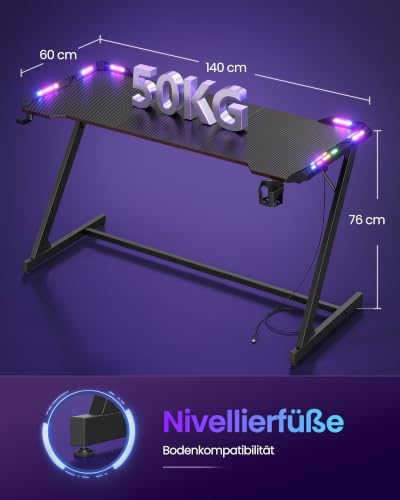 VASAGLE Gaming Tisch, Kohlefaser, RGB Beleuchtung, 100 x 60 x 76 cm – Ansicht 2
