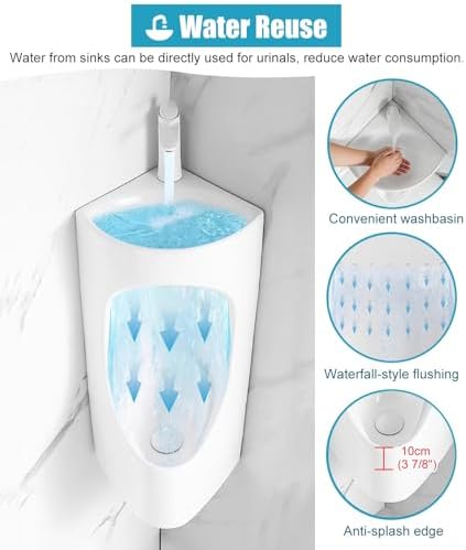 Space-Saving Wall-Mounted Men's Corner Urinal with Sink & Tube - Ceic Male Toilet Urinal Kit for Bathroom, Hotel, Hospital - Gray Finish