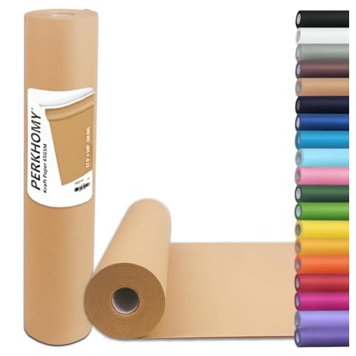 PerkHomy Brown Kraft Paper Roll 17.5" x 1,200" (100') for Gift Wrapping Bulletin Board Craft Art Bouquet Flower Packing Moving Shipping Floor Covering Table 70GSM 50LB (Brown, 17.5" x 100')