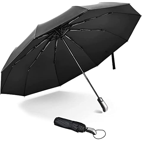 Umbrella, 10 Ribs Folding Umbrella Windproof and Waterproof Umbrella, Automatic Sun Rain Travel Umbrella with Ergonomic Handle, Black Cover
