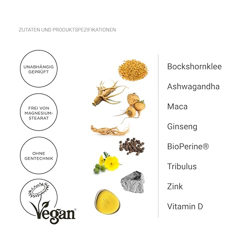 Nullure Testo-One Testosteron¹ Kapseln | Vegan & Ohne Magnesiumstearat | Unabhängig getestet in Deutschland | Ashwagandha + Maca + Tribulus + Bockshornklee + Ginseng + Zink | 120 Stück (2 Monate)